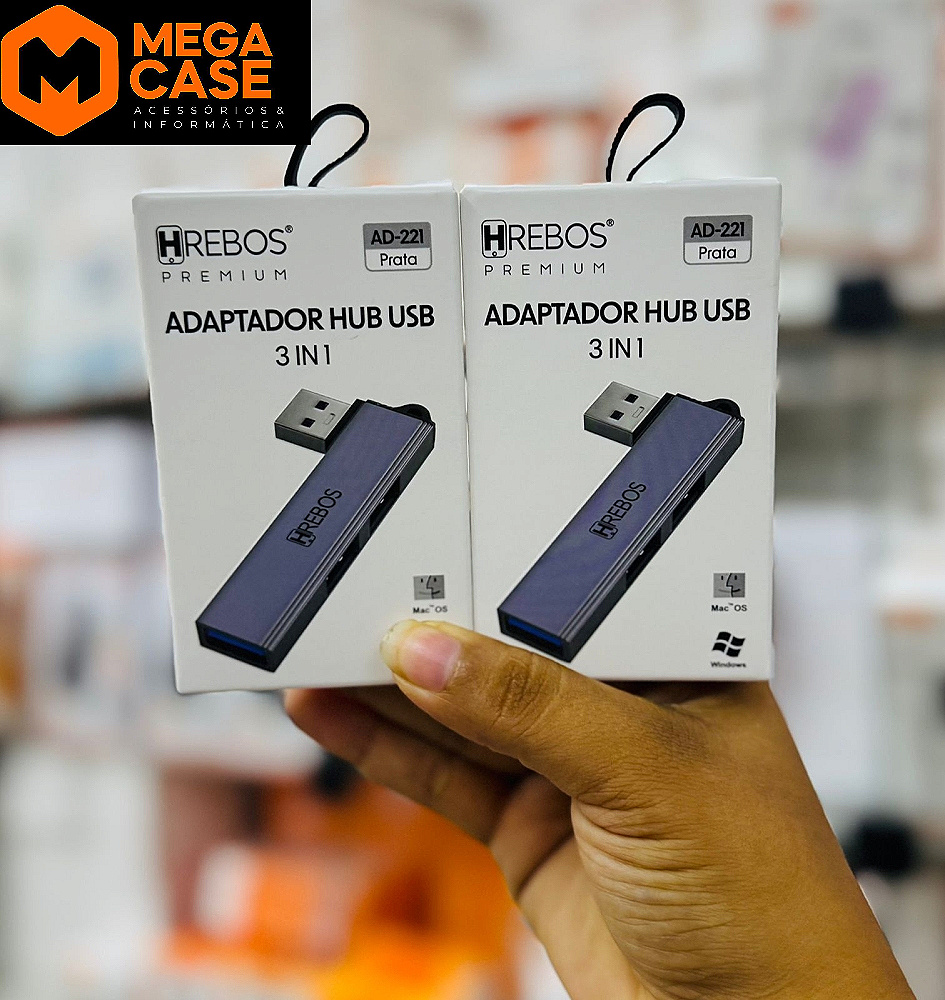 Adaptador Hub USB 3 em 1 Prata Hrebos AD-221