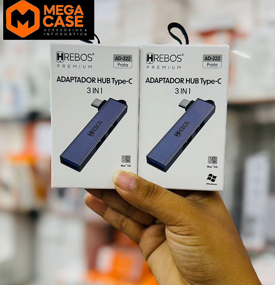 Adaptador Hub Type-C 3 em 1 Prata Hrebos AD-222