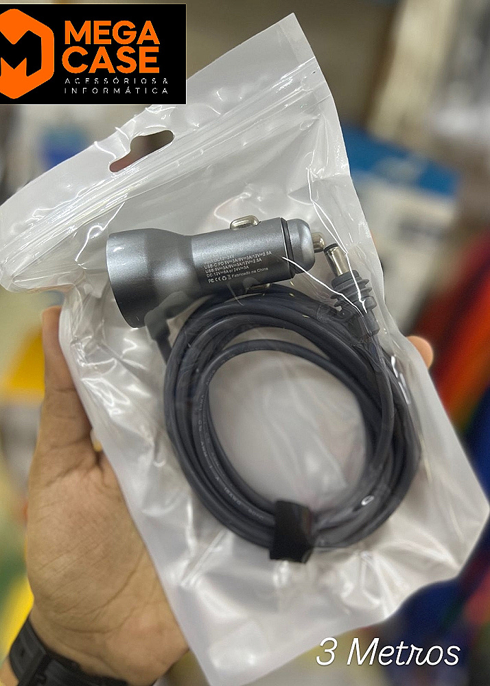 Cabo veicular 12V 3m plug DC 5.5mm – com adaptador automotivo