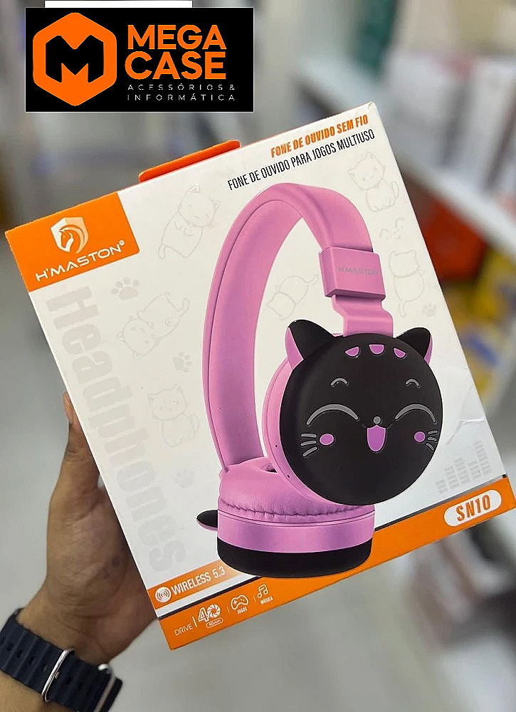 Headphone Bluetooth H'Maston SN10 Design Gato Rosa