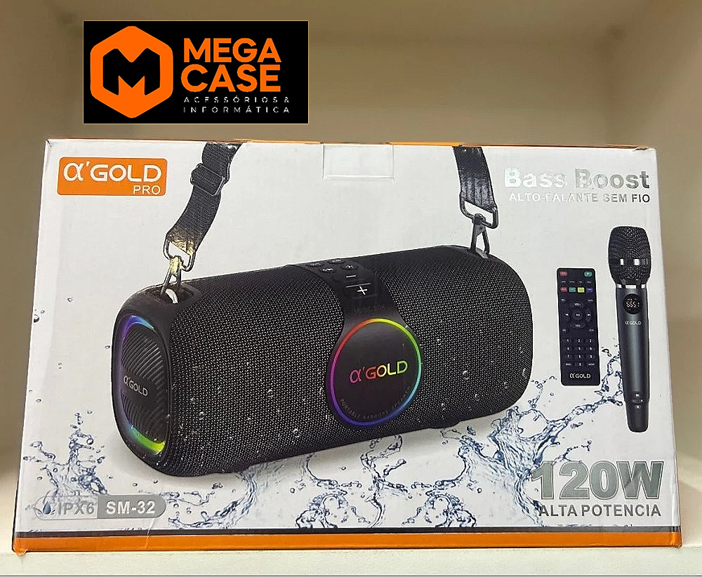 Caixa de som α’GOLD Pro 120W SM-32 com microfone e controle