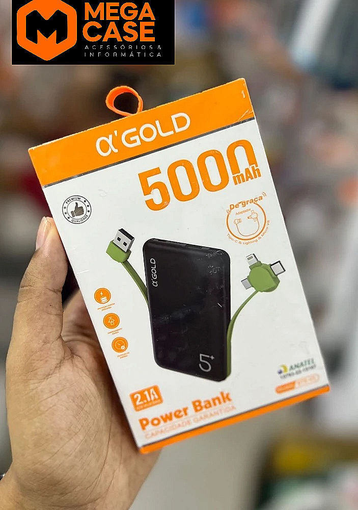 Carregador portátil Power Bank 5000mAh α’GOLD compacto com adaptadores modelo BTE-06B