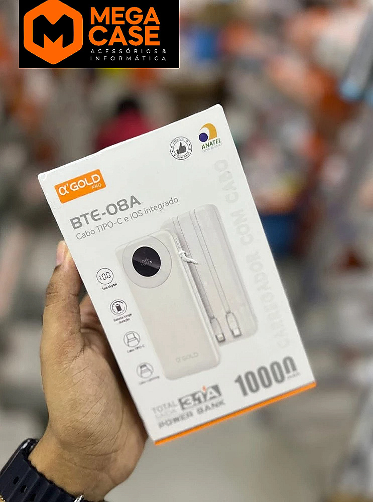 Carregador portátil Power Bank 10000mAh Turbo α’GOLD com cabos modelo BTE-08A