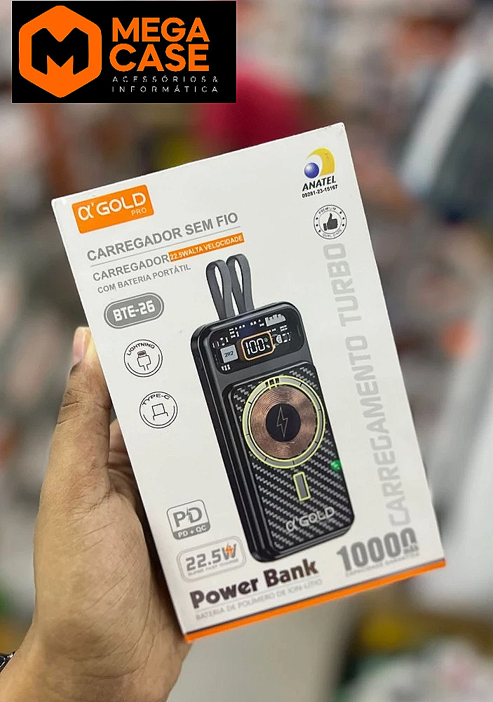Carregador portátil Power Bank 10000mAh Turbo sem fio α’GOLD modelo BTE-26