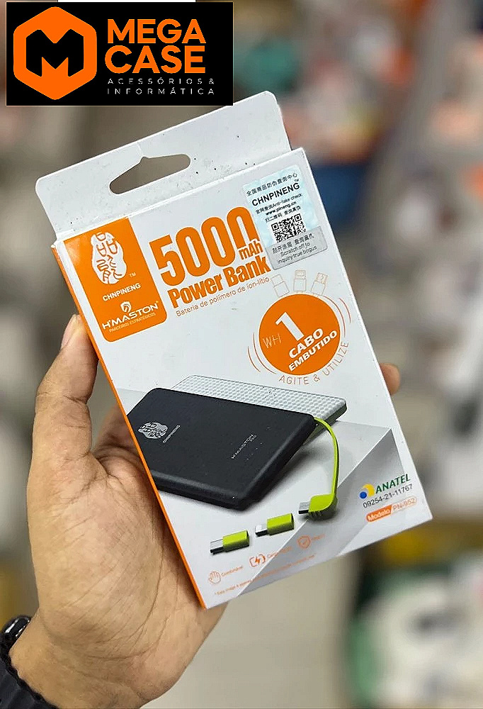 Carregador portátil Power Bank 5000mAh cabo embutido H'maston modelo PH-882
