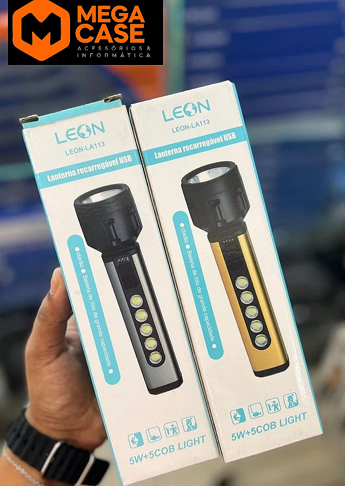 Lanterna recarregável USB LEON-LA113 com 5 LEDs COB