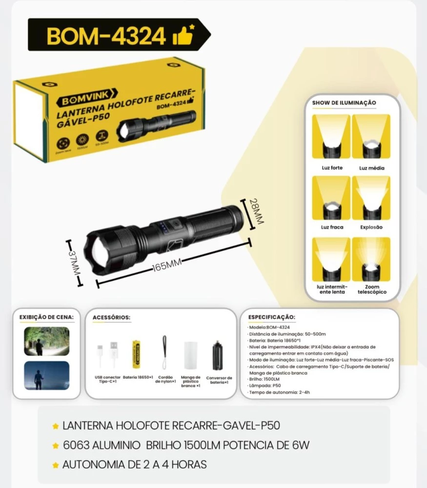 Lanterna holofote recarregável BOMVINK BOM-4324 P50