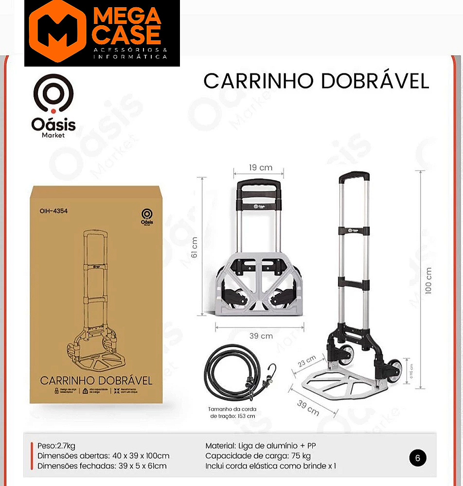 Carrinho dobrável Oasis OIH-4354 com corda elástica