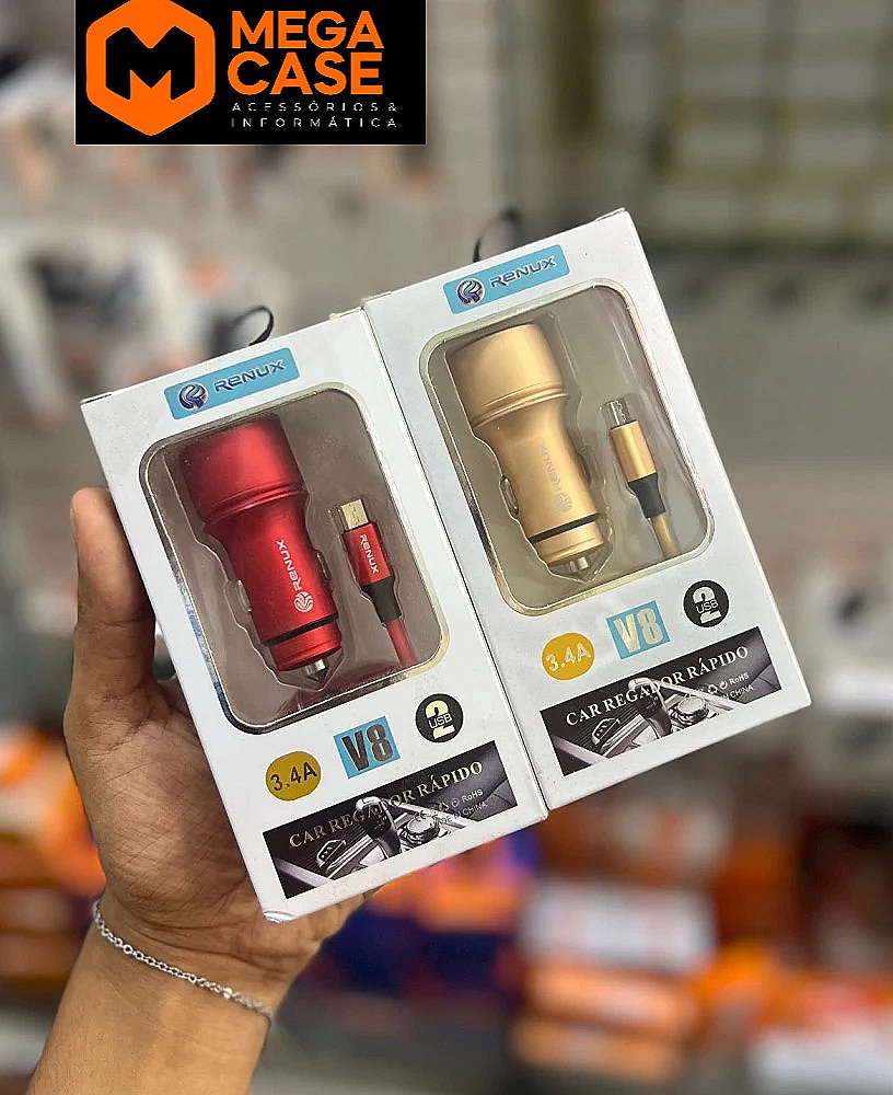 Carregador veicular V8 Renux 3.4A com cabo