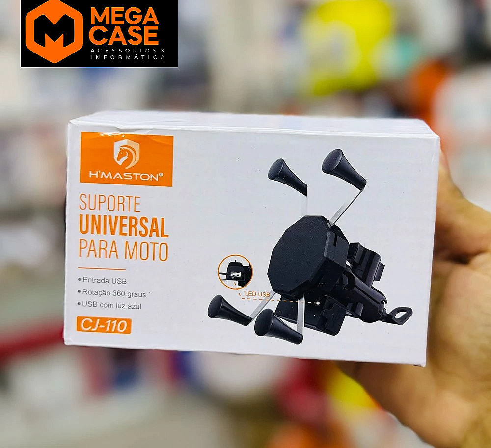 Suporte H'maston CJ-110 com USB e LED azul para moto