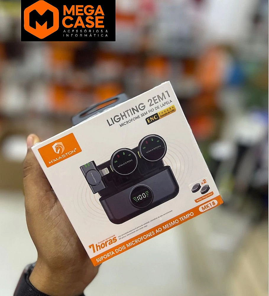 Microfone lapela Lightning H'maston MK18 - 2 em 1 com display e até 7h de duração
