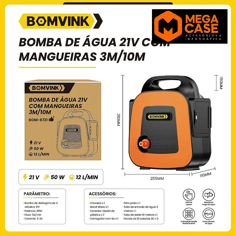 Bomba de água BOM-8721 21V com mangueiras 3m/10m