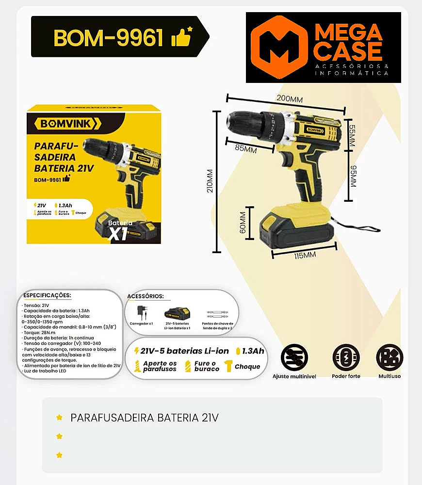 Parafusadeira BOM-9961 21V com 1 bateria