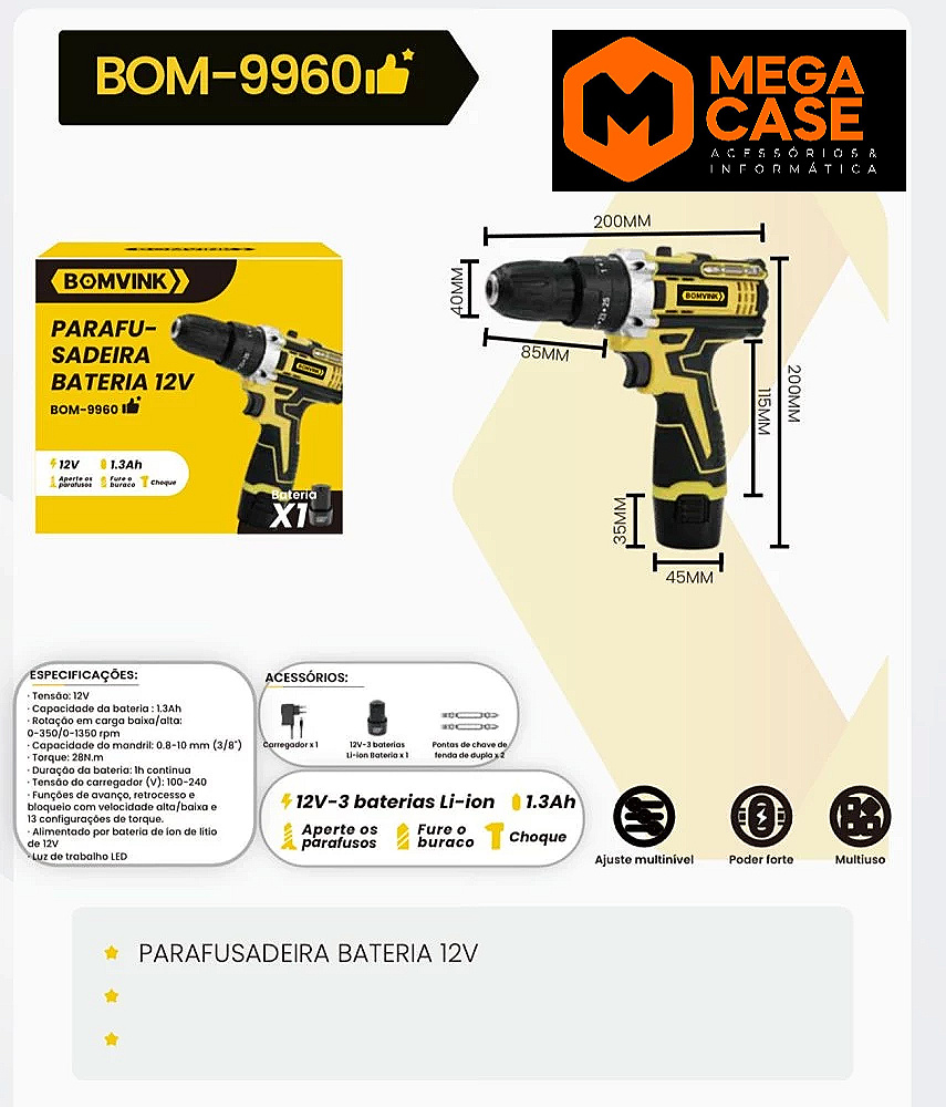 Parafusadeira BOM-9960 12V com 1 bateria