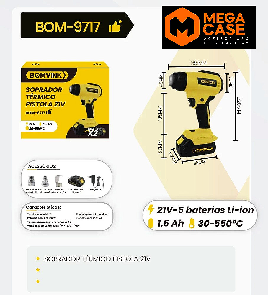 Soprador térmico BOM-9717 pistola 21V com 2 baterias