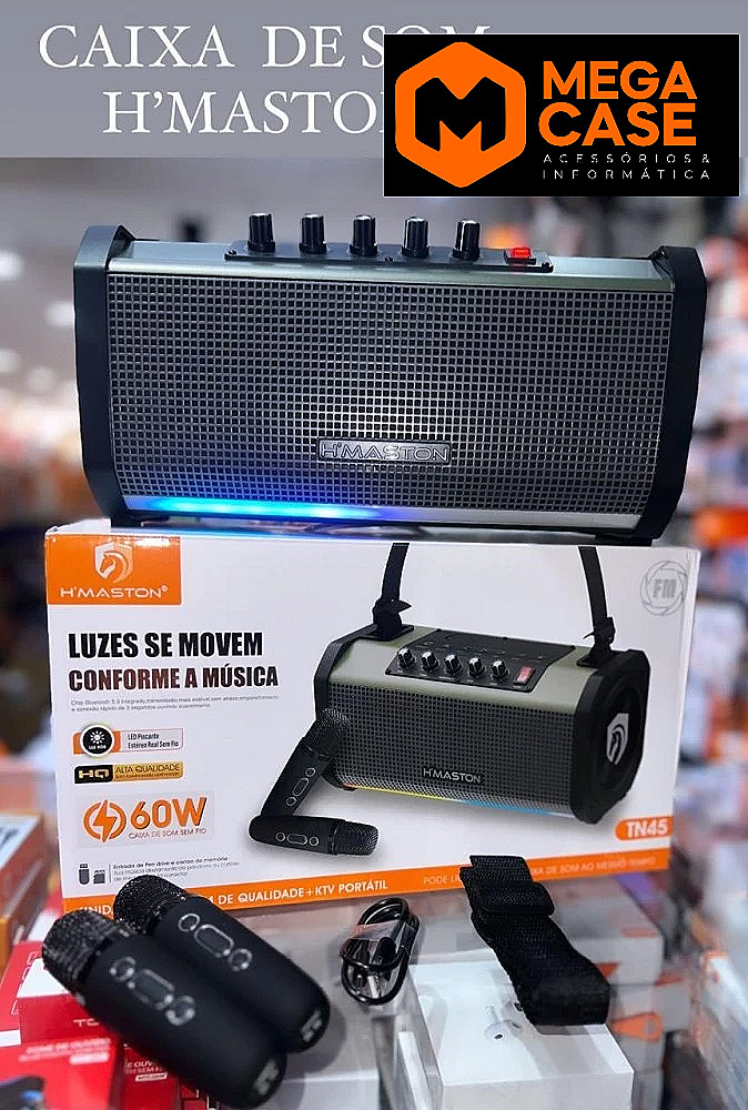 Caixa de Som H'Maston TN45 - 60W com Luzes e Microfone