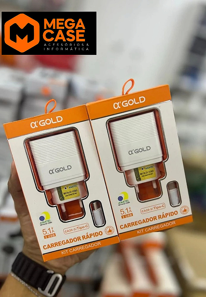 Carregador Tipo-C Rápido Agold 5.1A 2 USB - CA20-3/Tipo-C