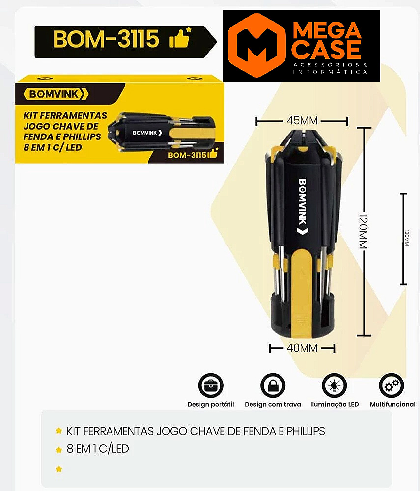 Kit Ferramentas 8 em 1 com LED Bomvink BOM-3115