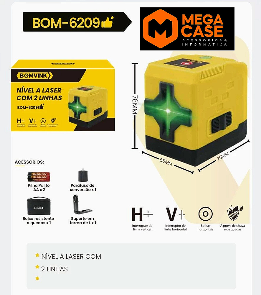 Nível a Laser com 2 Linhas BOMVINK BOM-6209