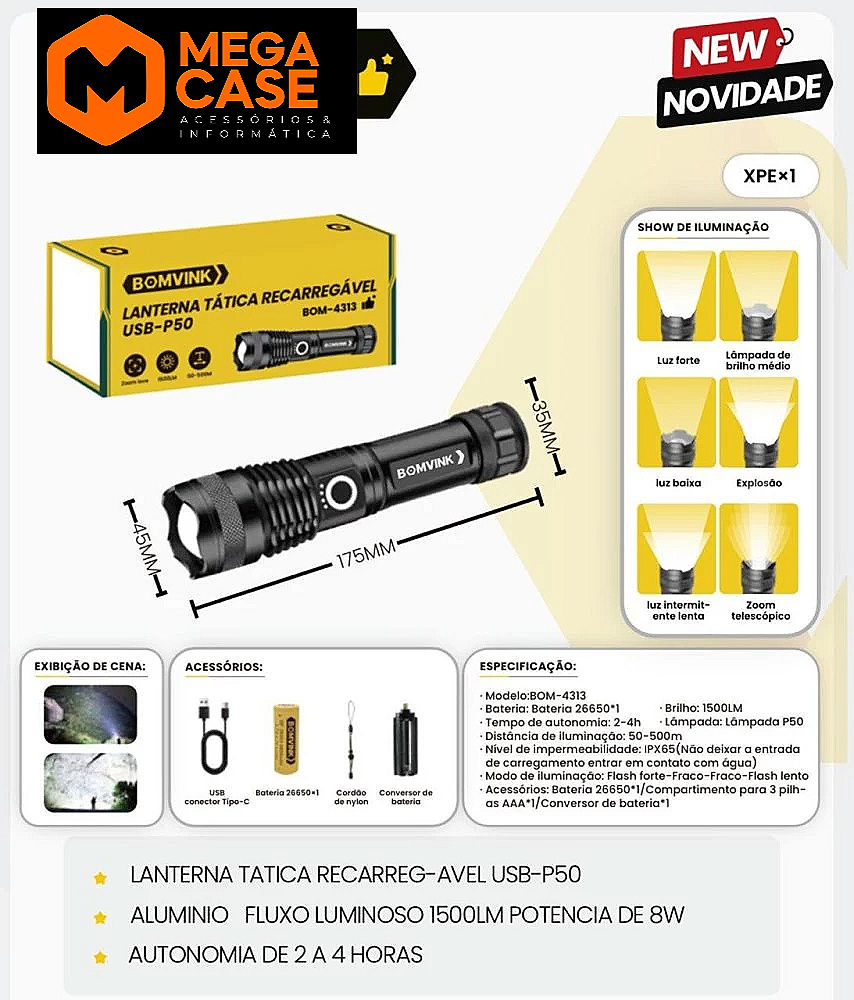 Lanterna Tática Recarregável USB P50 BOM-4313