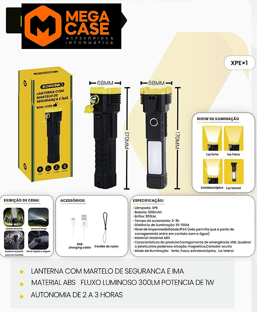 Lanterna com Martelo de Segurança e Ímã BOM-4309