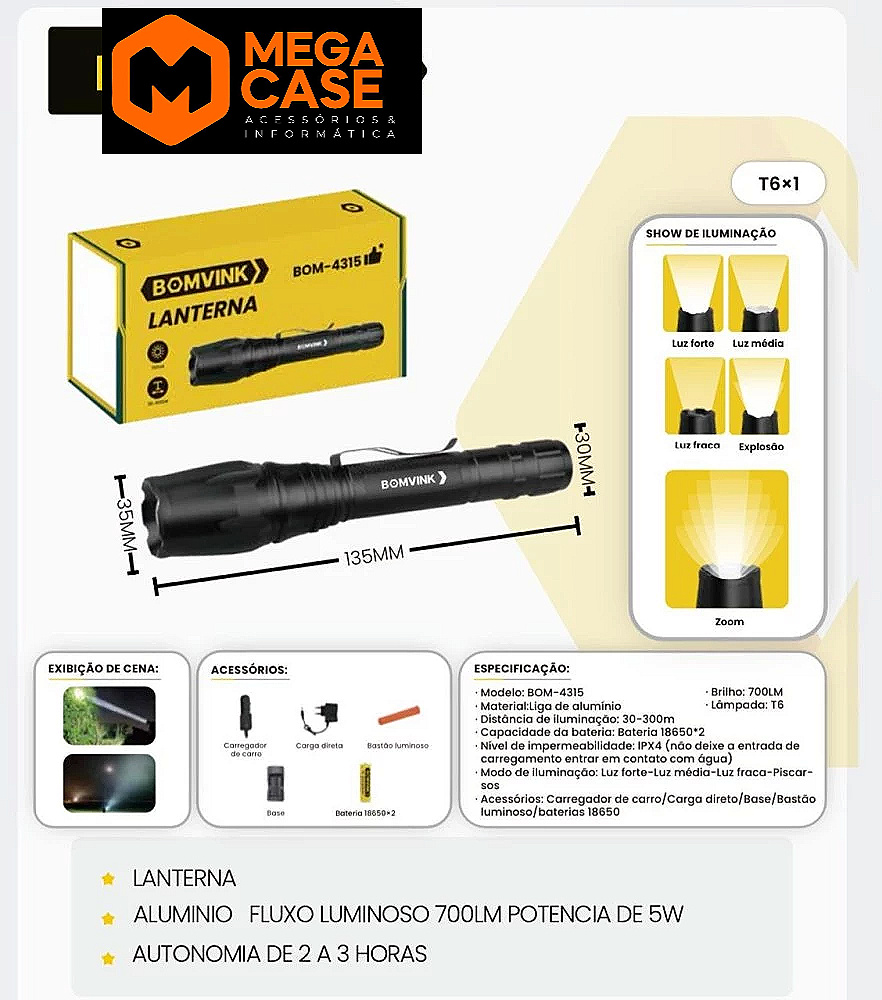 Lanterna Tática Recarregável BOM-4315