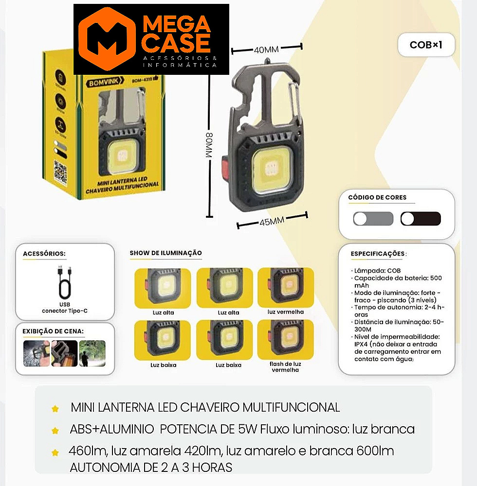 Mini Lanterna LED Chaveiro Multifuncional BOM-4319