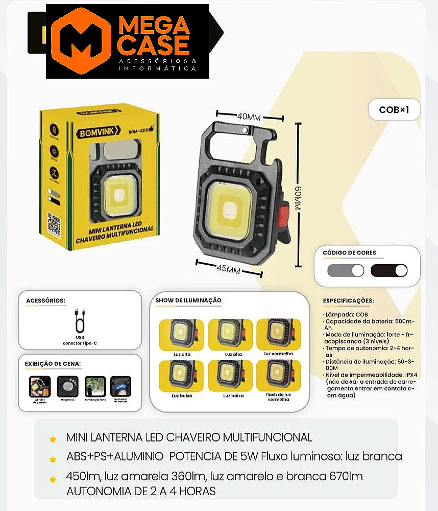 Mini Lanterna LED Chaveiro Multifuncional BOMVINK BOM-4318