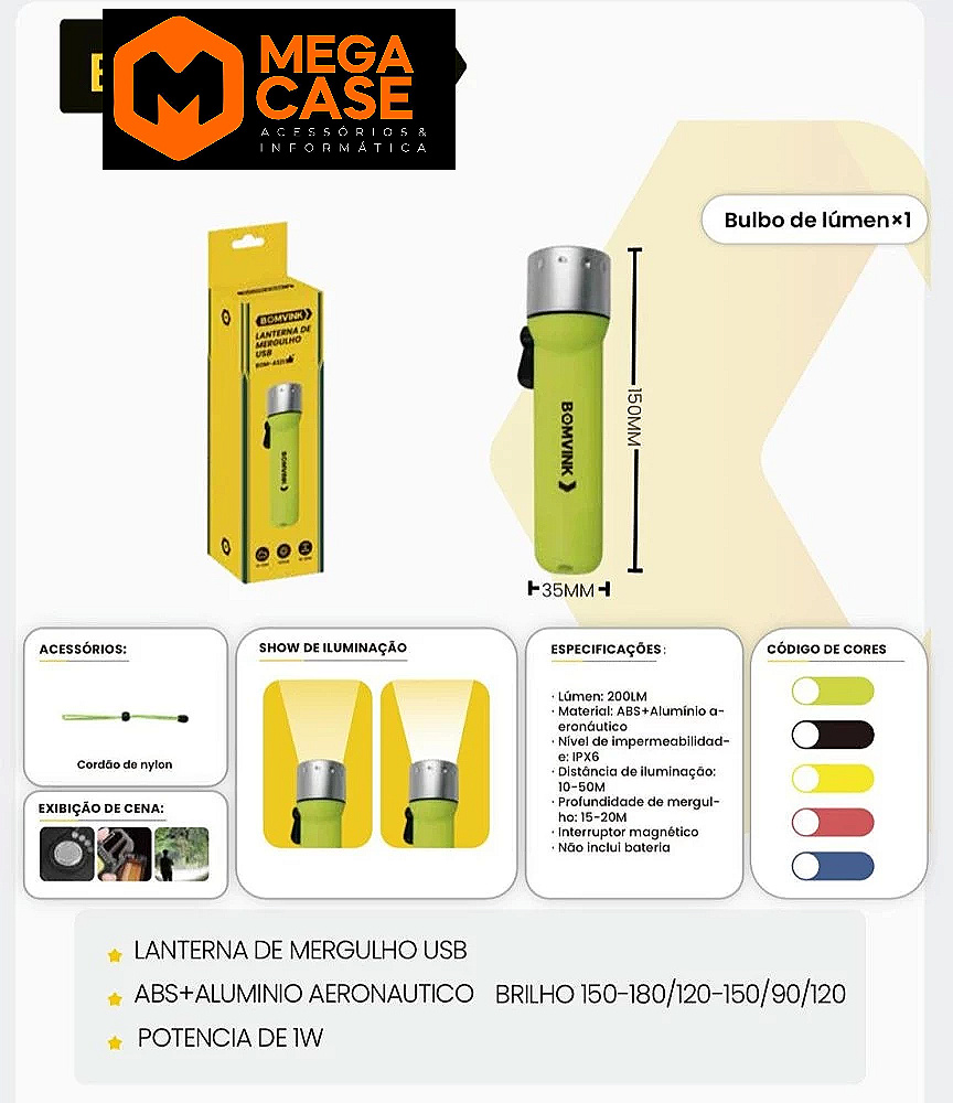 Lanterna de Mergulho USB - BOM-4321