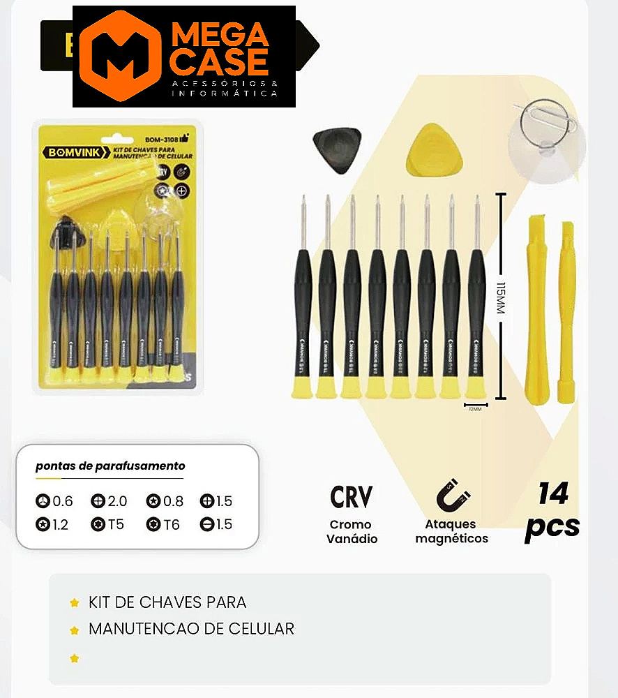Kit de Chaves para Manutenção de Celular BOM-3108 – 14 Peças