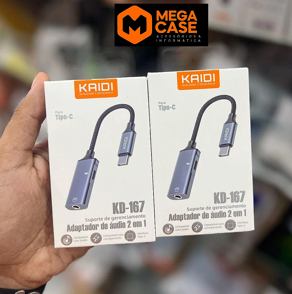 Adaptador de Áudio Cabo 2 em 1 Tipo C para P2 3.5mm e Tipo C KAIDI KD-167