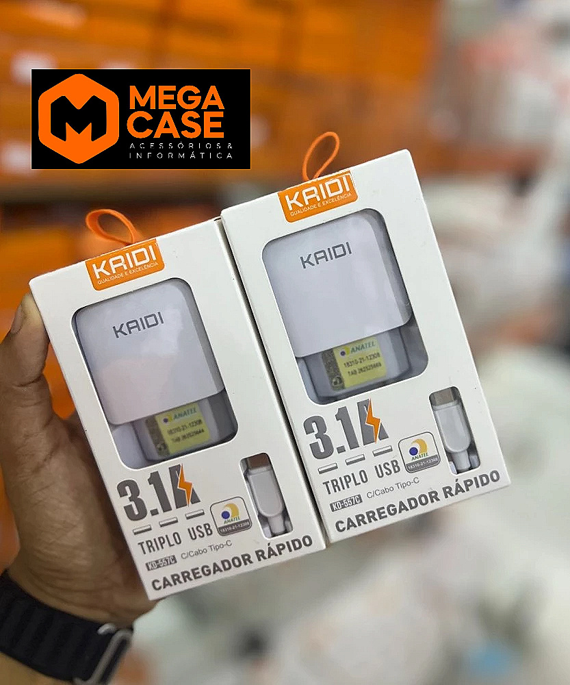 Carregador Tipo-C Kaidi Triplo USB 3.1A KD-557C
